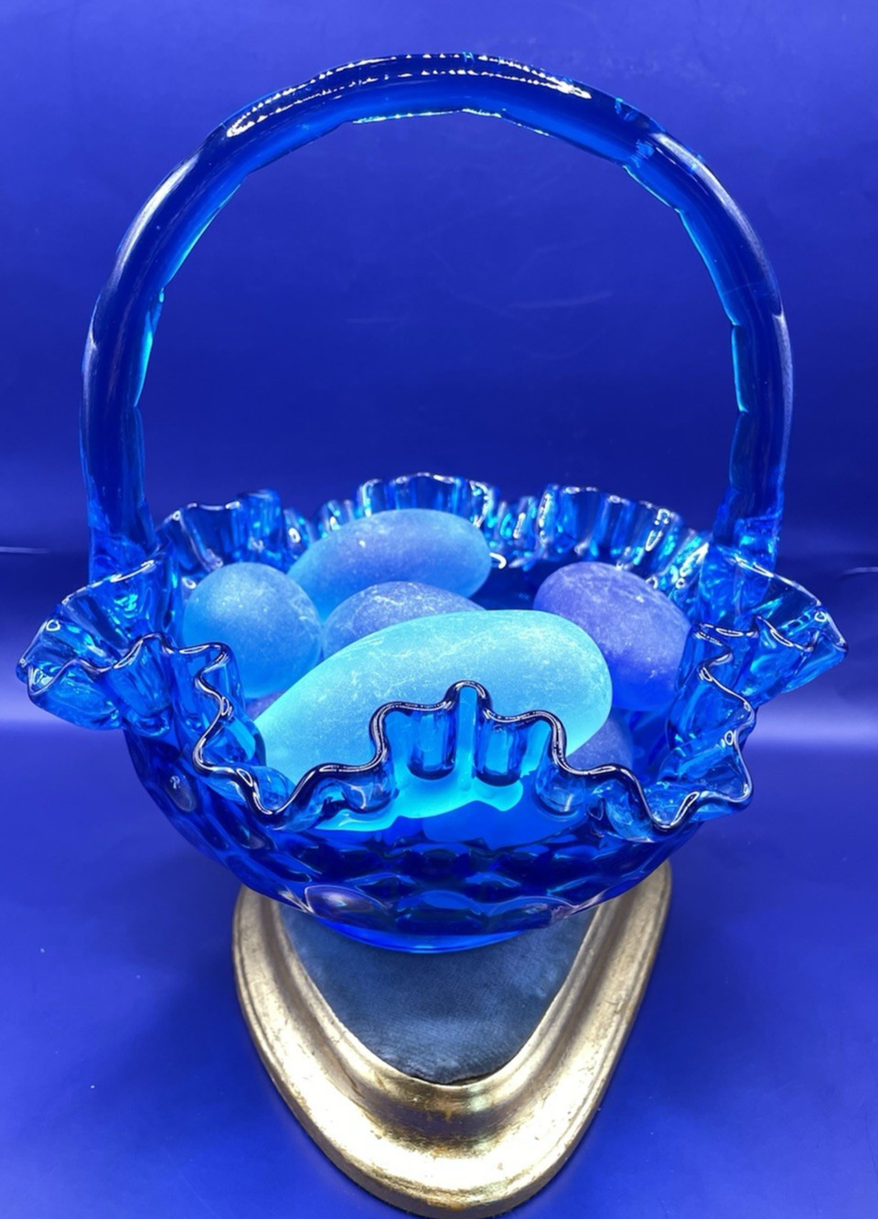1950s Vintage Fenton Thumbprint Colonial Cobalt Blue Ruffled 8” Glass Basket